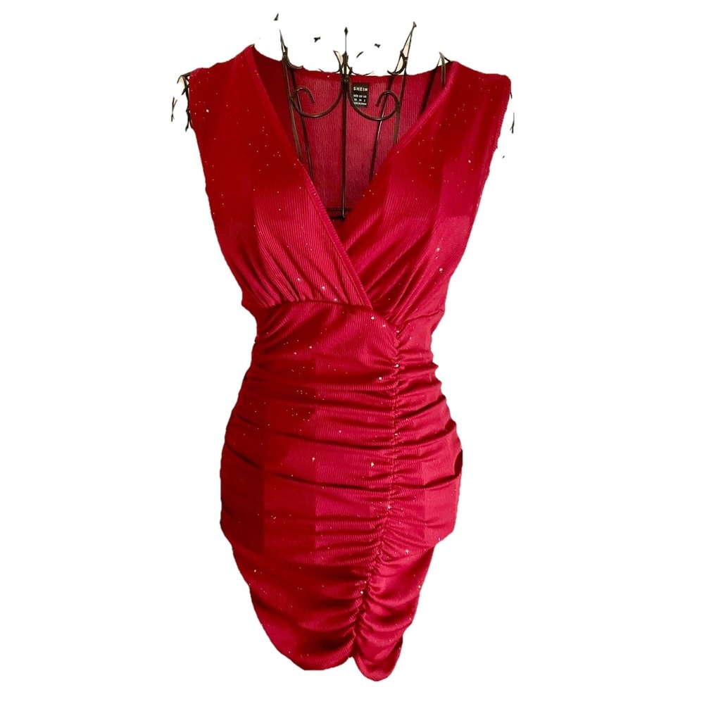 Rhinestone Red Ruched Bodycon Dress Sz XS/S | Christmas New Year's Dress